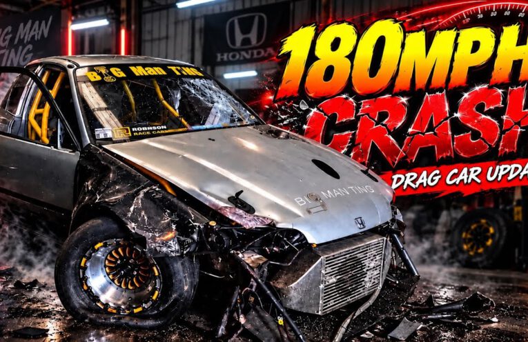 Heavily damaged Honda Civic EG drag car after crash at Santa Pod