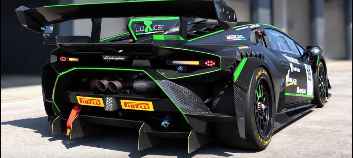 Lamborghini Huracan Super Trofeo EVO2 race car driving flat-out at Franciacorta Circuit