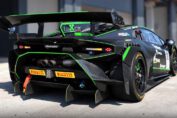 Lamborghini Huracan Super Trofeo EVO2 race car driving flat-out at Franciacorta Circuit