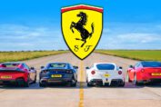 Ferrari 12Cilindri Spider, 812 GTS, F12 Berlinetta and 599 GTB competing in a V12 drag race.
