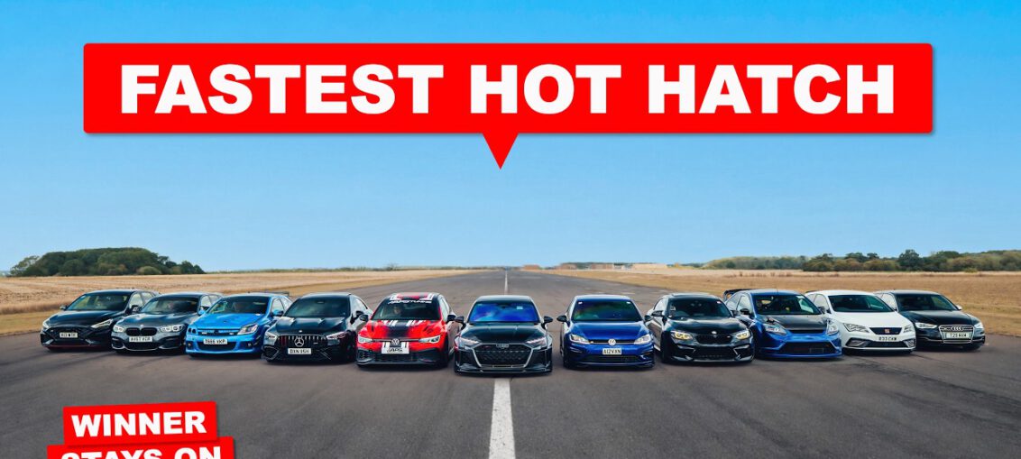 Tuned Audi, BMW, Volkswagen, SEAT, Mercedes-AMG, Ford, Vauxhall and Hyundai performance cars competing in a hot hatch drag race.