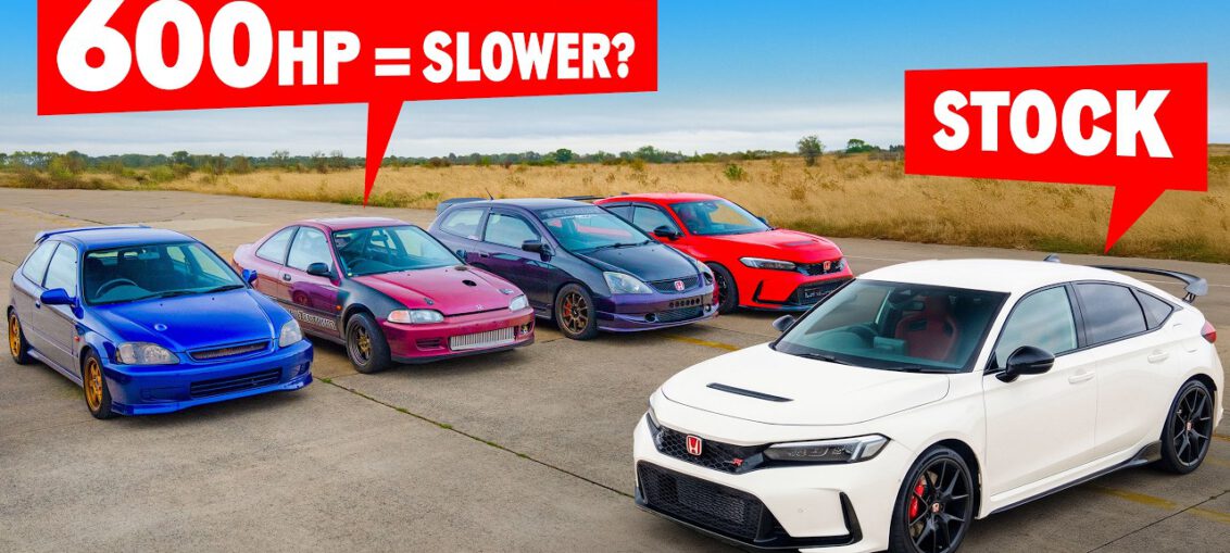Modified Honda Civic Type R FL5, EP3 and EK9 competing in a tuned Honda drag race.
