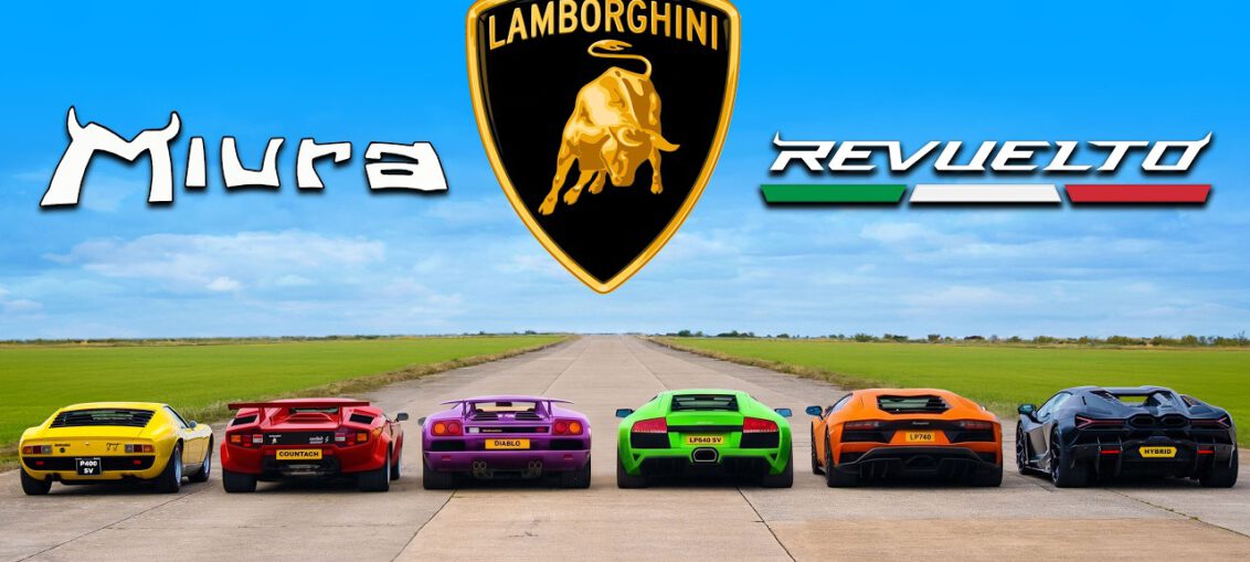 Six Lamborghini V12 supercars from Miura to Revuelto lined up for a drag race