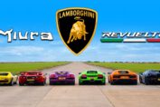 Six Lamborghini V12 supercars from Miura to Revuelto lined up for a drag race