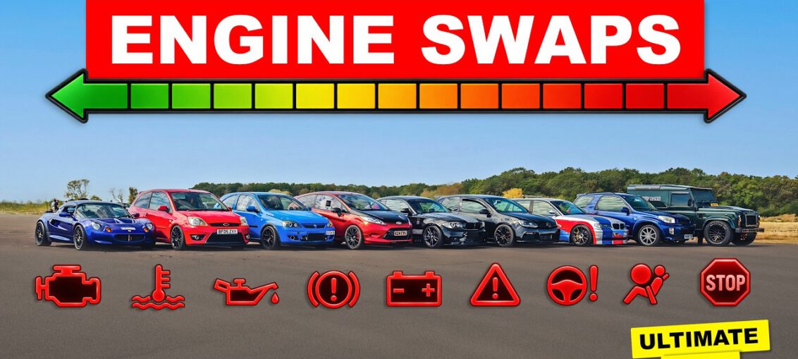 Engine-swapped cars lined up for a quarter-mile drag race