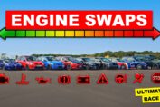 Engine-swapped cars lined up for a quarter-mile drag race